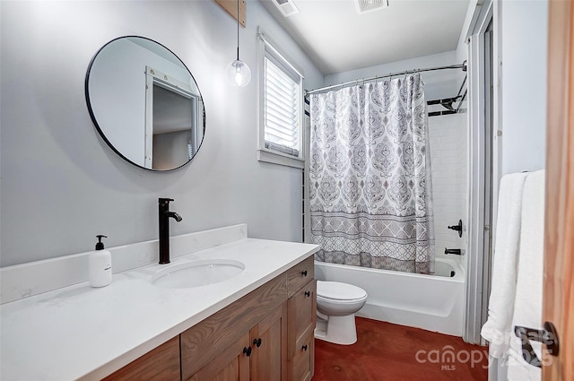 full bath with toilet, visible vents, shower / bath combo with shower curtain, and vanity