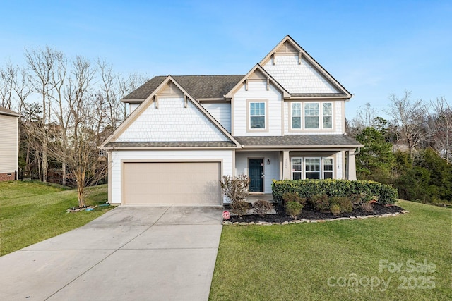 craftsman house with an attached garage, roof with shingles, concrete driveway, and a front yard