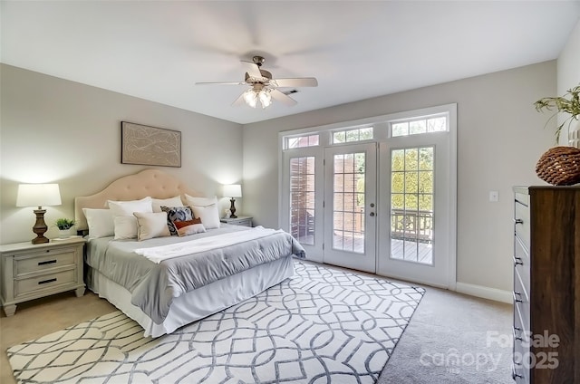 bedroom with light carpet, a ceiling fan, baseboards, access to exterior, and french doors