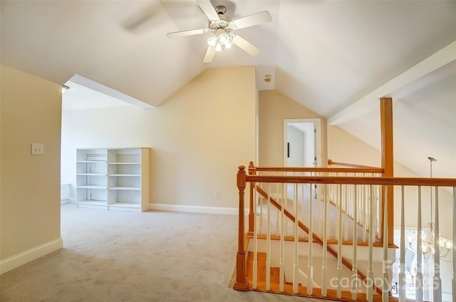 bonus room featuring vaulted ceiling, ceiling fan, carpet, and baseboards