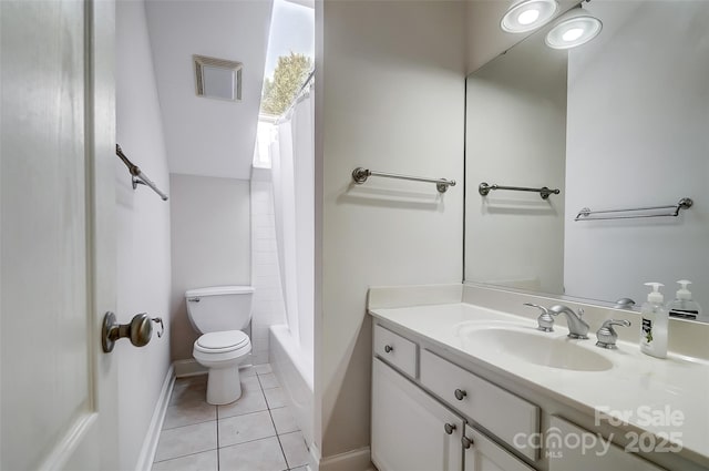 bathroom with visible vents, baseboards, toilet, tile patterned flooring, and vanity