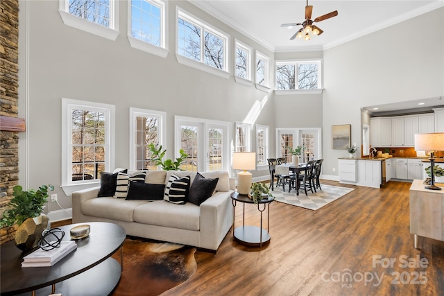 living area with ceiling fan, baseboards, dark wood finished floors, and ornamental molding