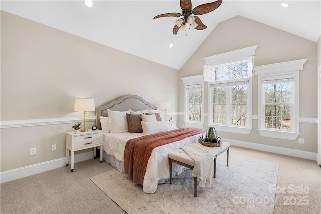 bedroom with recessed lighting, light colored carpet, baseboards, and ceiling fan