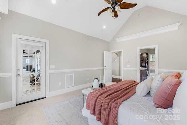 bedroom featuring visible vents, multiple windows, carpet, and high vaulted ceiling