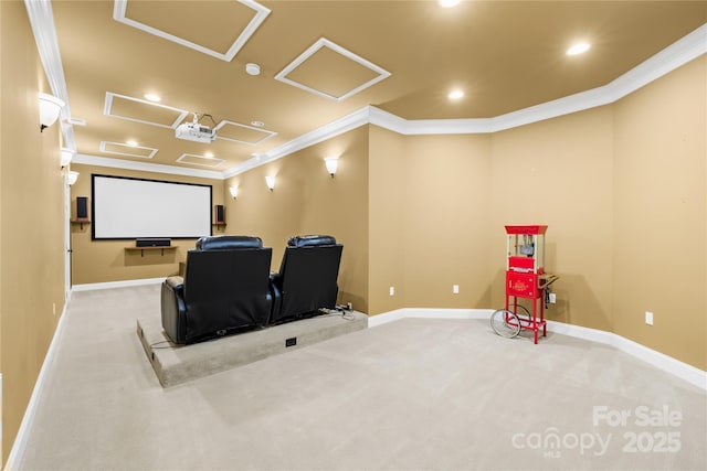 home theater room featuring crown molding, recessed lighting, carpet, and baseboards