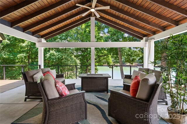 228 Wildwood Cove Dr, Mooresville, NC 28117 - view of patio with an outdoor living space, view of scattered trees, and ceiling fan