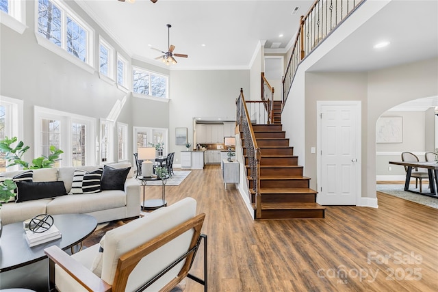 228 Wildwood Cove Dr, Mooresville, NC 28117 - living room featuring crown molding, a towering ceiling, arched walkways, ceiling fan, and wood finished floors