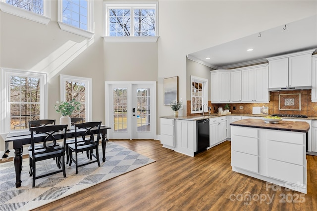228 Wildwood Cove Dr, Mooresville, NC 28117 - kitchen featuring black dishwasher, a high ceiling, plenty of natural light, dark wood finished floors, and white cabinetry