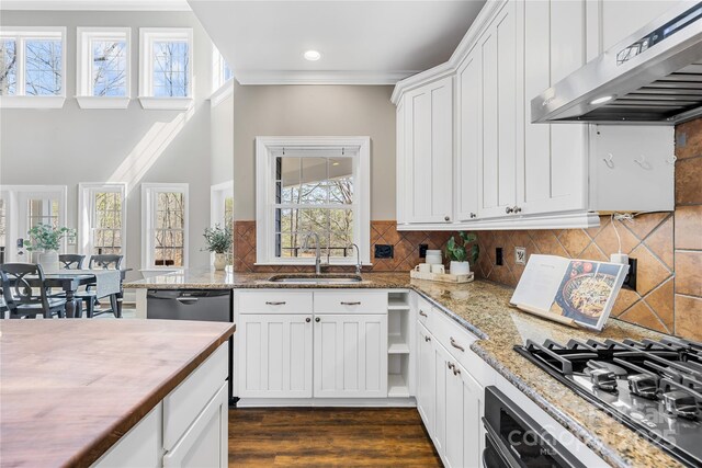 228 Wildwood Cove Dr, Mooresville, NC 28117 - kitchen with under cabinet range hood, gas stovetop, oven, white cabinets, and dishwasher