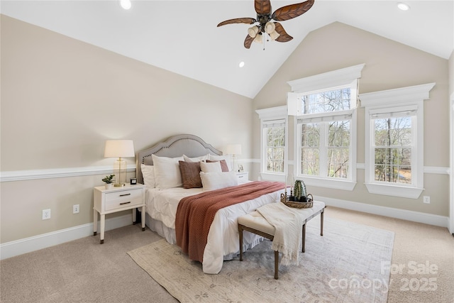 228 Wildwood Cove Dr, Mooresville, NC 28117 - bedroom featuring light carpet, recessed lighting, ceiling fan, and high vaulted ceiling