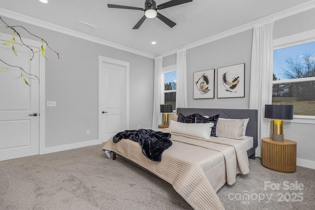 bedroom with recessed lighting, ornamental molding, a ceiling fan, carpet flooring, and baseboards