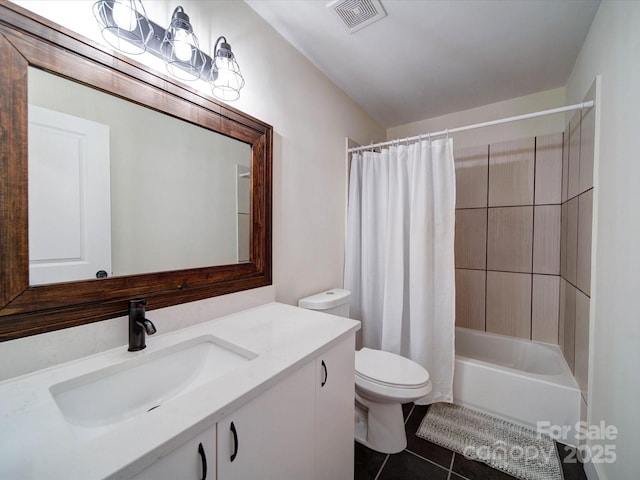 bathroom featuring visible vents, shower / bathtub combination with curtain, toilet, vanity, and tile patterned floors