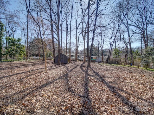 view of yard with an outbuilding, a shed, and fence