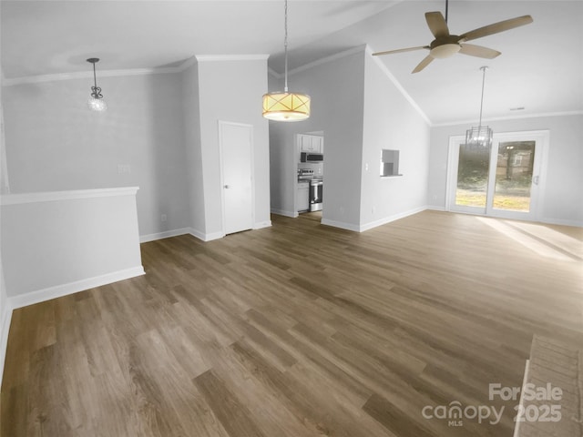 unfurnished living room featuring baseboards, ceiling fan, wood finished floors, crown molding, and high vaulted ceiling