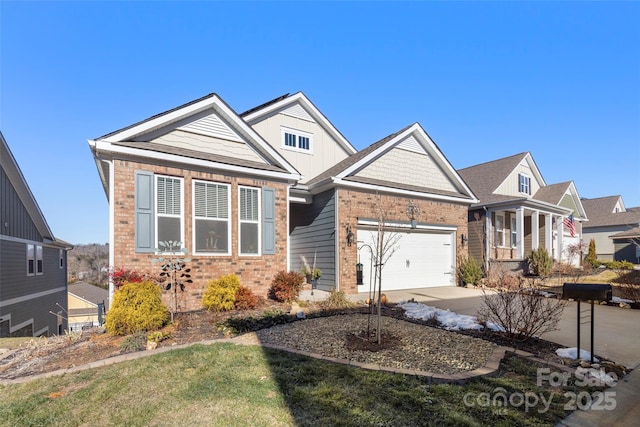 view of front of home with a garage, brick siding, concrete driveway, a front lawn, and board and batten siding