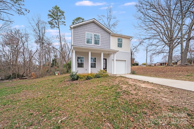 traditional-style home featuring concrete driveway, a front lawn, board and batten siding, and an attached garage