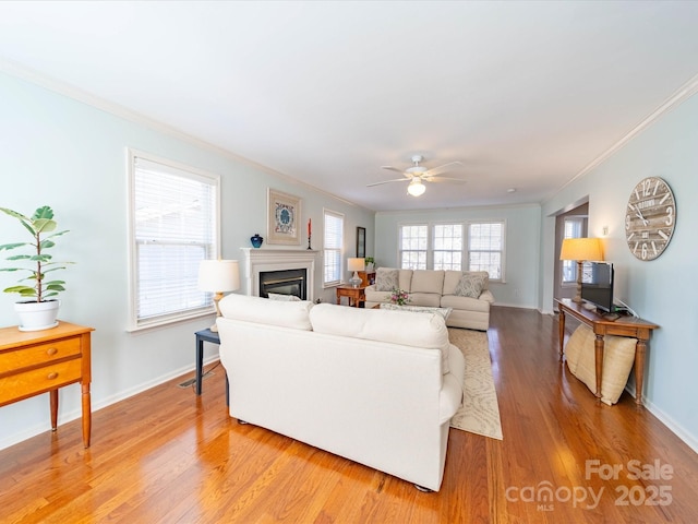 living room featuring ornamental molding, a glass covered fireplace, baseboards, and wood finished floors