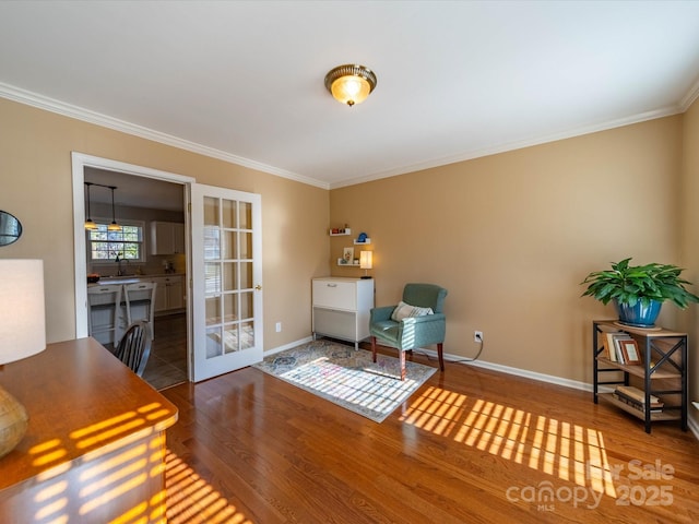 interior space with a sink, baseboards, and wood finished floors