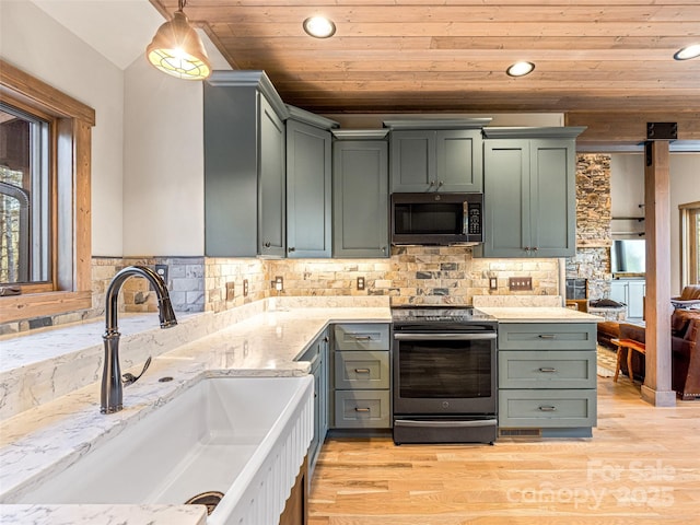 103 Duck Hope Dr, Hendersonville, NC 28739 - kitchen with wooden ceiling, appliances with stainless steel finishes, decorative backsplash, and a sink