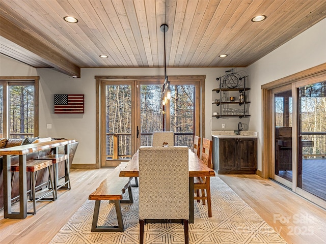 103 Duck Hope Dr, Hendersonville, NC 28739 - dining space with light wood finished floors, baseboards, wood ceiling, indoor wet bar, and recessed lighting