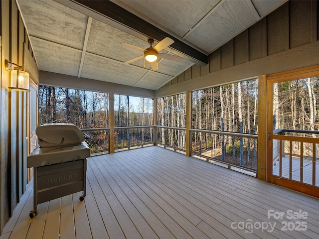 103 Duck Hope Dr, Hendersonville, NC 28739 - unfurnished sunroom with vaulted ceiling with beams and a ceiling fan