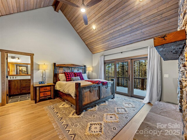 103 Duck Hope Dr, Hendersonville, NC 28739 - bedroom with high vaulted ceiling, wooden ceiling, light wood-style floors, access to outside, and beamed ceiling