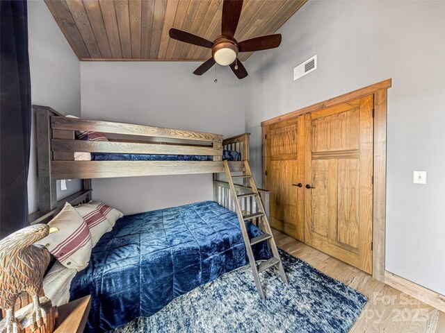103 Duck Hope Dr, Hendersonville, NC 28739 - bedroom featuring lofted ceiling, visible vents, wood ceiling, ceiling fan, and wood finished floors