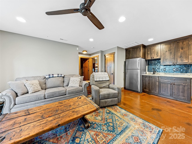 103 Duck Hope Dr, Hendersonville, NC 28739 - living room featuring ceiling fan, finished concrete floors, visible vents, and recessed lighting