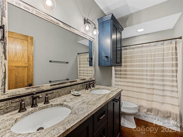 103 Duck Hope Dr, Hendersonville, NC 28739 - bathroom with double vanity, a shower with shower curtain, a sink, and toilet