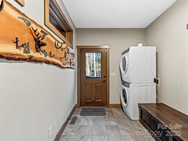 103 Duck Hope Dr, Hendersonville, NC 28739 - clothes washing area with baseboards, laundry area, visible vents, and stacked washer / drying machine