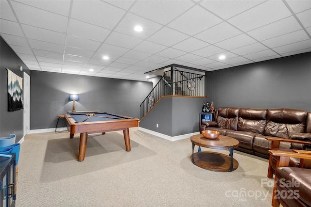 game room featuring billiards, recessed lighting, carpet flooring, and baseboards