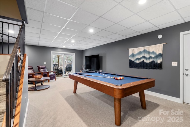 playroom featuring baseboards, a drop ceiling, pool table, carpet flooring, and recessed lighting