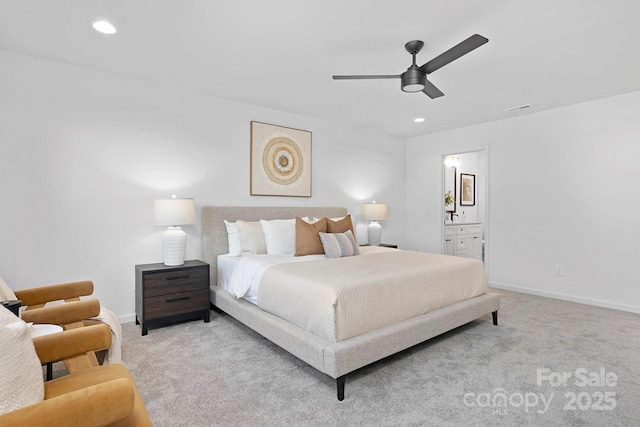 bedroom featuring carpet floors, recessed lighting, and baseboards