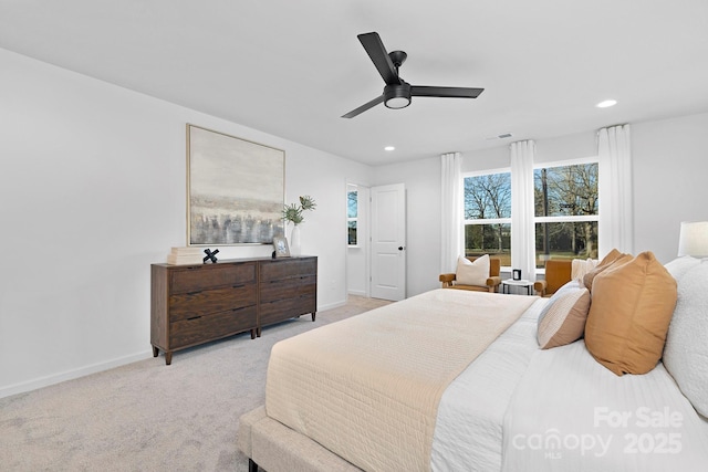 carpeted bedroom featuring ceiling fan, recessed lighting, and baseboards