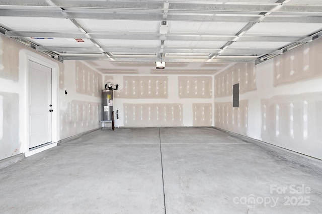 garage with water heater and electric panel