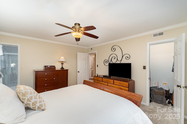 bedroom with ceiling fan, visible vents, light carpet, and ornamental molding