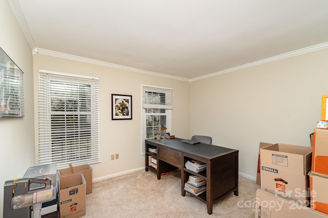 office space featuring ornamental molding, baseboards, and light carpet