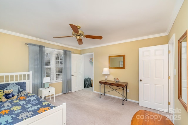 bedroom featuring baseboards, light colored carpet, ornamental molding, and a ceiling fan