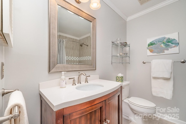 bathroom with a shower with shower curtain, toilet, ornamental molding, and vanity