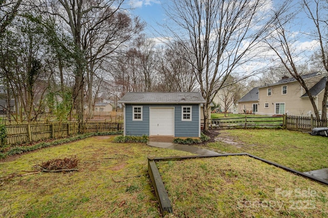 view of outdoor structure with an outbuilding and a fenced backyard