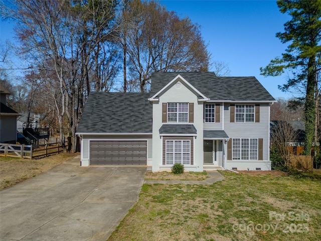 view of front of property featuring driveway, a shingled roof, an attached garage, fence, and a front yard