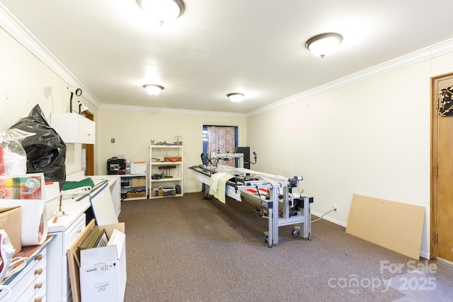 rec room with carpet floors and ornamental molding