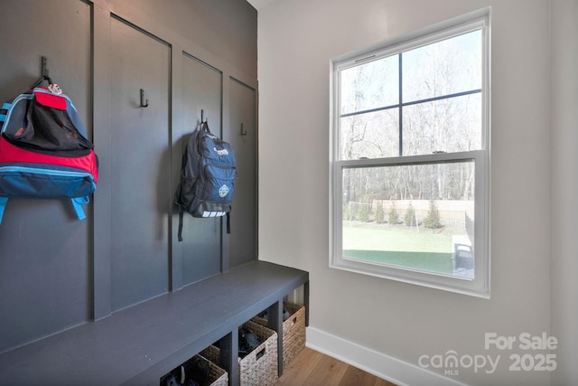 mudroom featuring plenty of natural light, wood finished floors, and baseboards