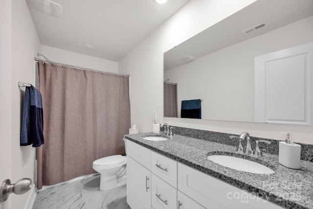 full bath with toilet, marble finish floor, a sink, and visible vents