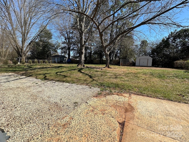 view of yard with a storage shed and an outdoor structure