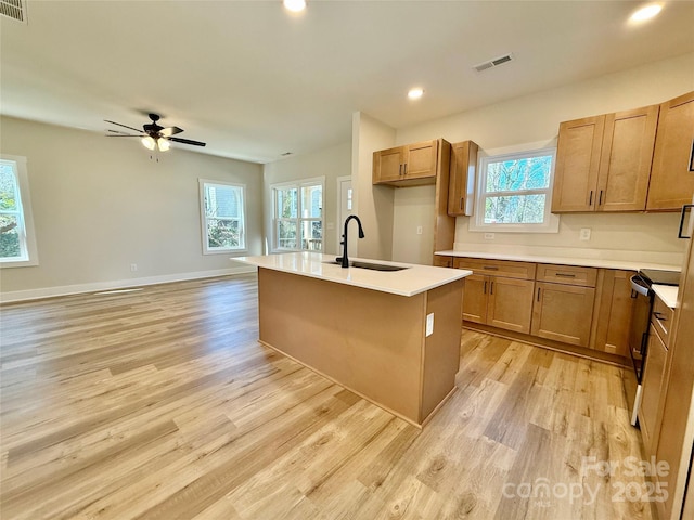 kitchen with light wood-type flooring, light countertops, a kitchen island with sink, and a sink