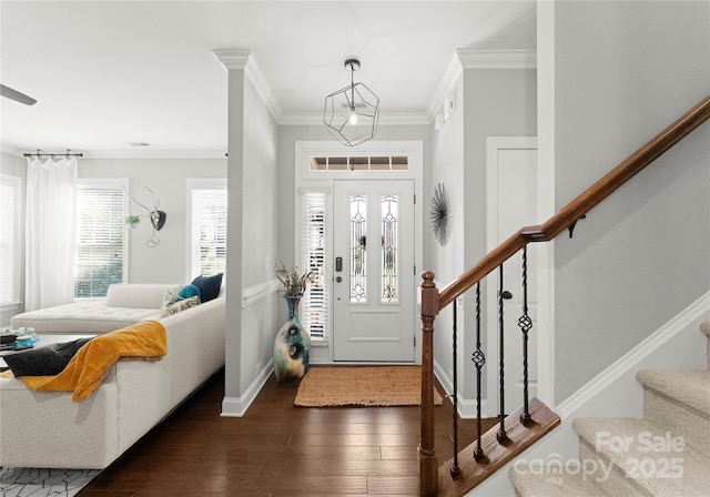 entrance foyer with dark wood finished floors, stairway, and crown molding