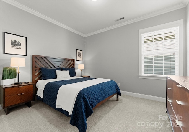 bedroom featuring visible vents, light colored carpet, baseboards, and ornamental molding