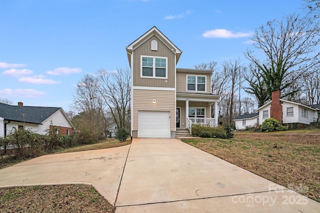 view of front of property featuring board and batten siding, driveway, an attached garage, and a porch