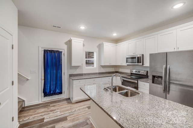 kitchen featuring light stone countertops, white cabinetry, stainless steel appliances, and a sink